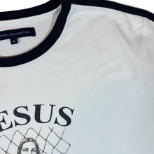 Load image into Gallery viewer, FRENCH CONNECTION "Jesus Saves" Jesus Novelty Football Graphic Ringer T-Shirt