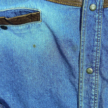 Load image into Gallery viewer, Vintage Stockerpoint Cowboy Western Blue Denim Brown Leather Panel Popper Long Sleeve Shirt