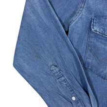 Load image into Gallery viewer, Vintage Wrangler Cowboy Western Pearl Snap Popper Blue Denim Long Sleeve Shirt