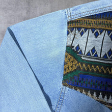 Load image into Gallery viewer, Vintage Stock Cowboy Western Woven Panel Popper Blue Denim Long Sleeve Shirt