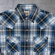 Load image into Gallery viewer, Vintage Ely Cattleman Cowboy Western Blue Check Popper Long Sleeve Shirt