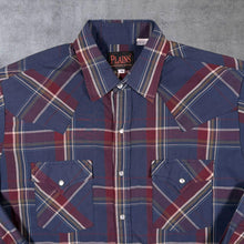 Load image into Gallery viewer, Vintage Plains Western Cowboy Navy Blue Burgundy Check Long Sleeve Popper Shirt
