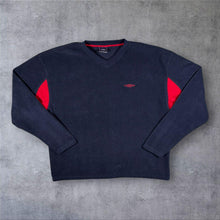Load image into Gallery viewer, Early 00's Umbro Classic Embroidered Mini Logo Navy Blue Fleece V-Neck Sweatshirt