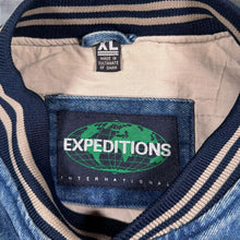 Load image into Gallery viewer, Vintage 90s Expeditions International Denim Bomber Varsity Jacket XL Made in Oman