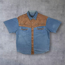Load image into Gallery viewer, Vintage Man's World Cowboy Western Faux Suede Panel Blue Denim Short Sleeve Popper Shirt
