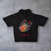 Load image into Gallery viewer, Early 00's Goth Y2K Flaming Dragon Black Silk Polyester Short Sleeve Shirt