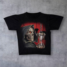 Load image into Gallery viewer, Vintage Y2K Grim Reaper T Shirt Gothic Skull Hourglass Double Sided Graphic Tee