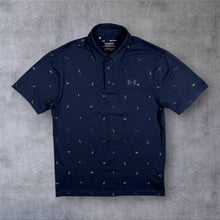 Load image into Gallery viewer, Under Armour Playoff Polo Shirt Mens M Navy Blue Gold Print Golf Loose Fit