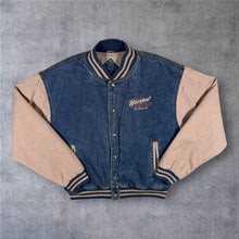 Load image into Gallery viewer, Vintage 90s Tri-Mountain Denim Varsity Jacket L Wisconsin Trucking Workwear USA
