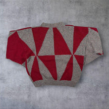 Load image into Gallery viewer, Vintage 80s Hand Knitted Jumper Red Grey Geometric Colour Block Chunky Knit M