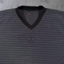 Load image into Gallery viewer, Early 00's Nike Soccer Football Embroidered Mini Centre Logo Grey Striped Sports T-Shirt