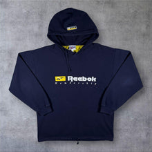 Load image into Gallery viewer, Vintage 90s Reebok Membership Hoodie Mens Large Navy Embroidered Spellout L