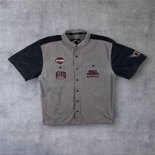 Load image into Gallery viewer, Harley Davidson MotorClothes Mechanic Shirt Mens L Grey Black Flame Embroidered