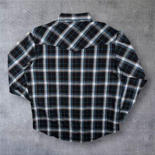 Load image into Gallery viewer, Vintage Plains Western Cowboy Black White Blue Check Long Sleeve Popper Shirt