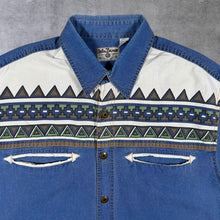 Load image into Gallery viewer, Vintage John Baner Cowboy Western Pattern Blue Denim Cotton Short Sleeve Shirt