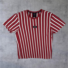 Load image into Gallery viewer, HUF Embroidered Mini Box Logo Skater Red White Striped Cotton Short Sleeve T-Shirt