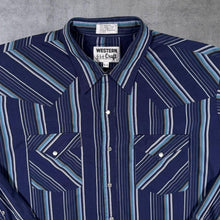 Load image into Gallery viewer, Vintage Western Craft Cowboy Navy Blue Mix Striped Long Sleeve Popper Shirt