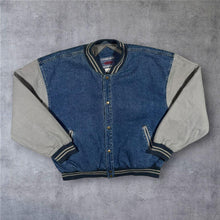 Load image into Gallery viewer, Vintage 90s Anchor Blue Denim Varsity Bomber Jacket M Two Tone Y2K Streetwear