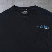 Load image into Gallery viewer, Salt Life Surfer Swordfish Spellout Graphic Black Cotton Pocket T-Shirt