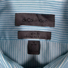 Load image into Gallery viewer, CK Calvin Klein "Slim Fit Infinite Non Iron" Blue White Striped Long Sleeve Cotton Dress Shirt