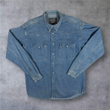 Load image into Gallery viewer, Vintage 90s Levi's Western Denim Shirt M Made Portugal Pearl Snap Red Tab Cowboy
