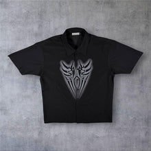 Load image into Gallery viewer, Early 00's Clockhouse Goth Y2K Tribal Motif Black Polyester Short Sleeve Shirt