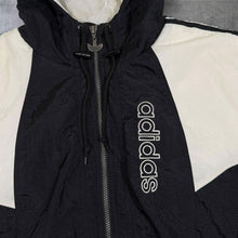 Load image into Gallery viewer, Vintage 90s Adidas Puffer Jacket Mens M Black White Trefoil Hooded Spellout