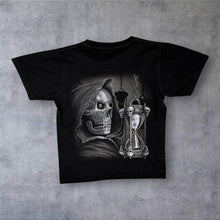 Load image into Gallery viewer, Vintage Y2K Grim Reaper T Shirt Gothic Skull Hourglass Double Sided Graphic Tee