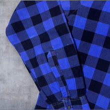 Load image into Gallery viewer, Vintage Marcello Blue Black Plaid Check Long Sleeve Cotton Longline Flannel Shirt