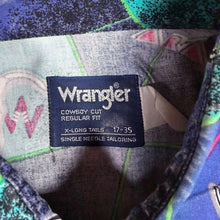 Load image into Gallery viewer, Vintage 90s Wrangler Cowboy Cut Shirt 17 35 L XL Longhorn Skull Aztec Pearl Snap