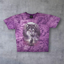 Load image into Gallery viewer, Early 00's Wild Wolf Animal Wildlife Graphic Purple Tie Dye Cotton T-Shirt