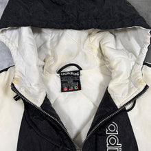 Load image into Gallery viewer, Vintage 90s Adidas Puffer Jacket Mens M Black White Trefoil Hooded Spellout