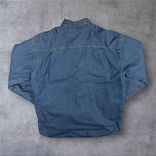 Load image into Gallery viewer, Vintage 90s Wolverine Denim Shirt Jacket L Fleece Lined Workwear Shacket USA
