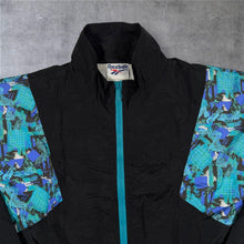 Load image into Gallery viewer, Vintage 90s Reebok Windbreaker Jacket M Black Blue Abstract Colourblock Retro
