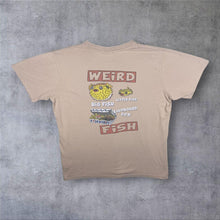 Load image into Gallery viewer, Weird Fish Big Fish Little Fish Parody Cartoon Graphic Beige Distressed Cotton T-Shirt