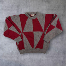 Load image into Gallery viewer, Vintage 80s Hand Knitted Jumper Red Grey Geometric Colour Block Chunky Knit M