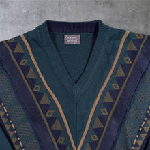 Load image into Gallery viewer, Vintage Pierre Sangan Wool Blend Geometric V Neck Jumper Teal 80s 90s Large