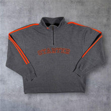 Load image into Gallery viewer, Vintage Y2K Starter 1/4 Zip Sweatshirt L Large Grey Orange Embroidered Spellout
