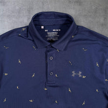 Load image into Gallery viewer, Under Armour Playoff Polo Shirt Mens M Navy Blue Gold Print Golf Loose Fit