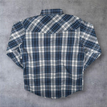 Load image into Gallery viewer, Vintage Plains "Tall Man" Western Cowboy Blue White Grey Check Long Sleeve Popper Shirt