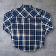 Load image into Gallery viewer, Vintage Plains Western Cowboy Blue White Multi Check Long Sleeve Popper Shirt