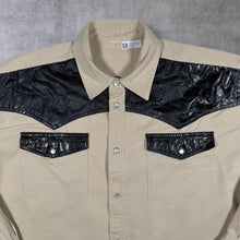 Load image into Gallery viewer, Vintage Cowboy Western Faux Leather Black Panel Cream Popper Long Sleeve Shirt