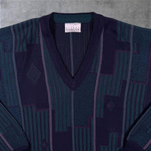 Load image into Gallery viewer, Vintage Pierre Sangan Abstract Grandad Pattern Blue Acrylic Wool V-Neck Jumper