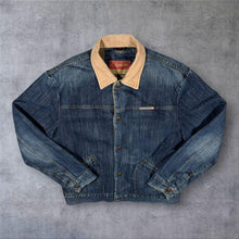 Load image into Gallery viewer, Early 00's Sonneti Fleece Lined Corduroy Collar Blue Denim Y2K Popper Bomber Jacket