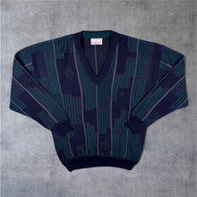 Load image into Gallery viewer, Vintage Pierre Sangan Abstract Grandad Pattern Blue Acrylic Wool V-Neck Jumper