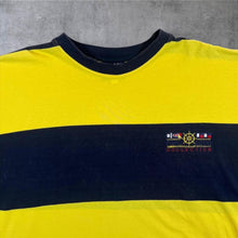 Load image into Gallery viewer, Vintage Poco Loco Embroidered Logo Navy Blue Yellow Colour Block Striped T-Shirt