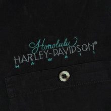 Load image into Gallery viewer, Harley Davidson Honolulu Hawaii Silk Blend Hula Girl Embroidered Shirt L Black