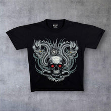Load image into Gallery viewer, Early 00's Wild Gothic Y2K Tribal Dragon Skull Graphic Black Cotton T-Shirt