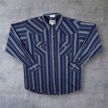 Load image into Gallery viewer, Vintage Western Craft Cowboy Navy Blue Mix Striped Long Sleeve Popper Shirt