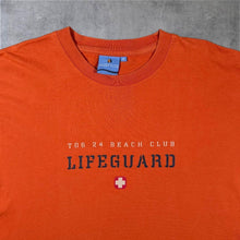 Load image into Gallery viewer, Early 00's Tog 24 Beach Club "Lifeguard" Surfer Graphic Orange Cotton T-Shirt